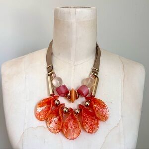 Chico’s Bib Style Statement Necklace Marbled Orange Acrylic Petals Gold Pink